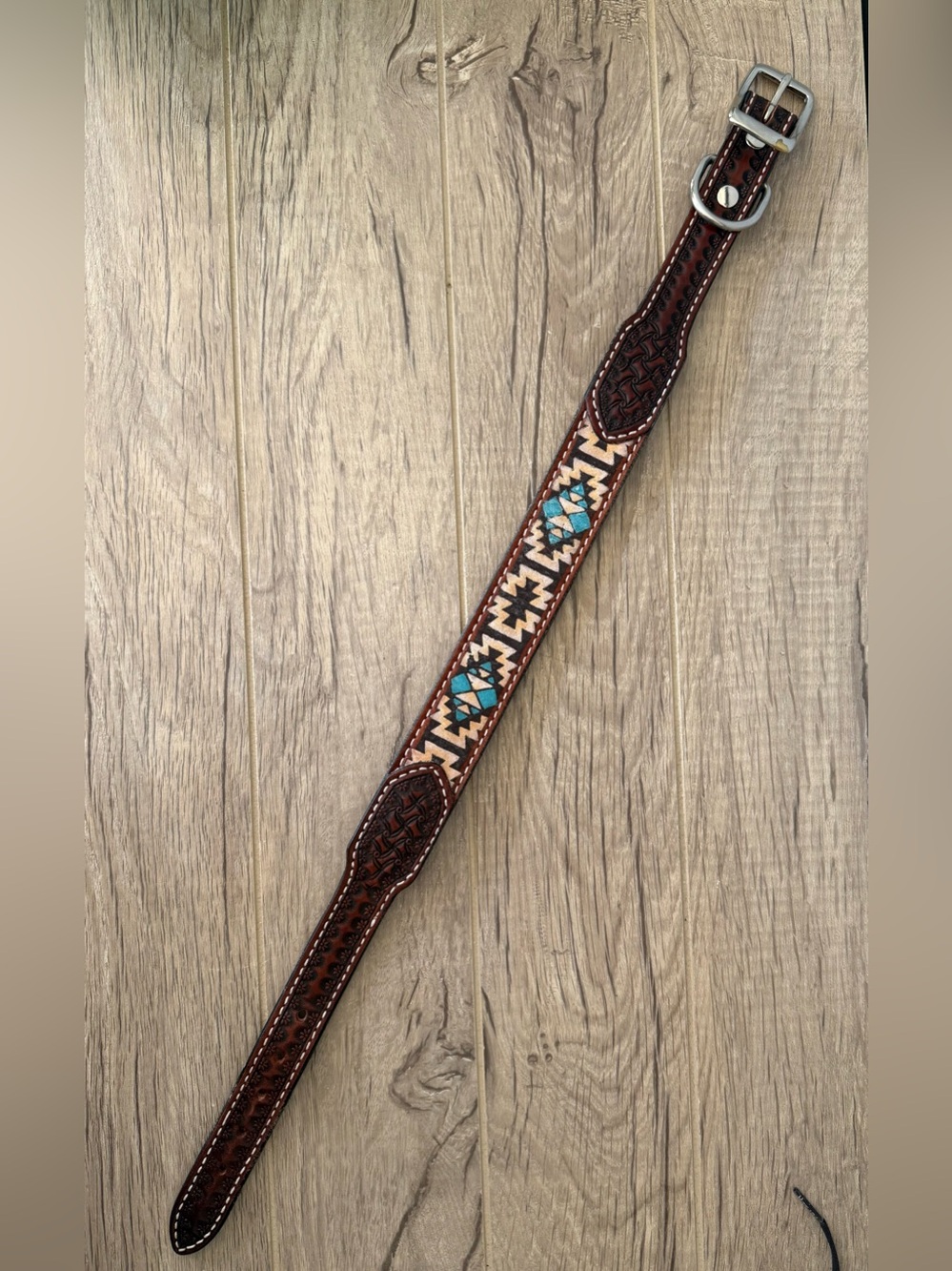 24" L / XL Dog Collar Leather Western Carved Embossed Tooled Turquoise Aztec
